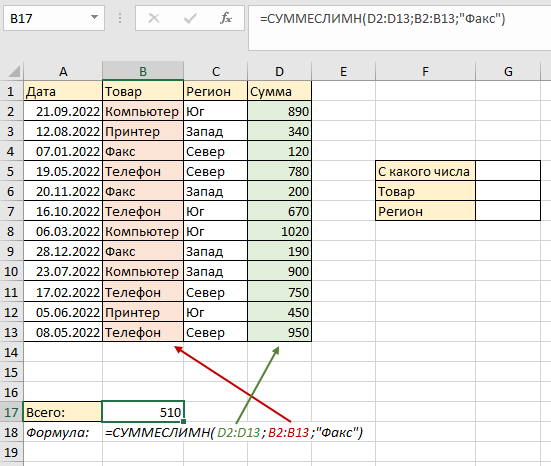 Excel суммеслимн