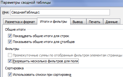 Параметры сводной таблицы.